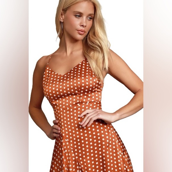 Lulu's Bellamy Rust Brown Polka Dot Backless Handkerchief Dress - Picture 4 of 13